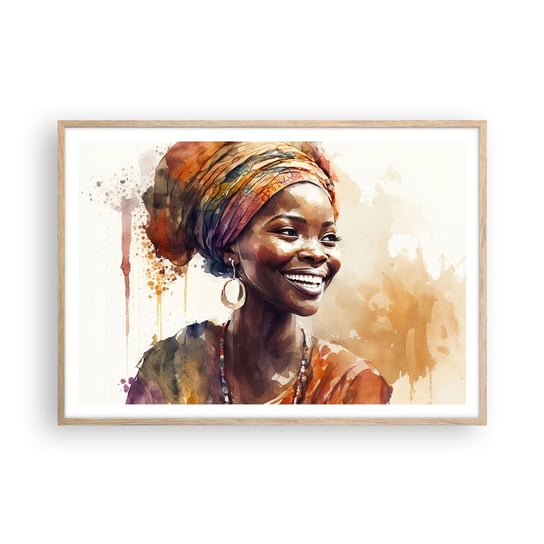 Obraz - Plakat - Afrykańska królowa - 100x70cm - Kobieta Afroamerykanin Portret - Foto Plakaty w ramie koloru jasny dąb do Salonu Sypialni ARTTOR ARTTOR
