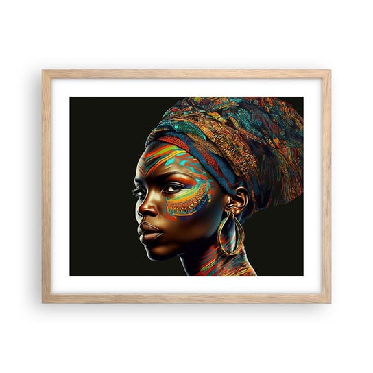Obraz - Plakat - Afrykańska królowa - 50x40cm - Turban Plemiona Afroamerykanin - Foto Plakaty w ramie koloru jasny dąb do Salonu Sypialni ARTTOR ARTTOR