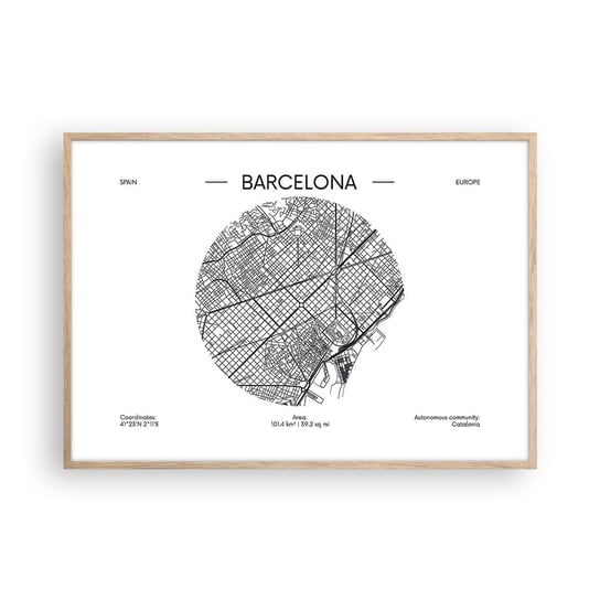 Obraz - Plakat - Anatomia Barcelony - 100x70cm - Mapa Barcelona Hiszpania - Foto Plakaty w ramie koloru jasny dąb do Salonu Sypialni ARTTOR ARTTOR