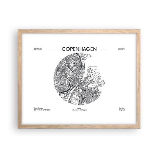 Obraz - Plakat - Anatomia Kopenhagi - 50x40cm - Mapa Kopenhaga Dania - Foto Plakaty w ramie koloru jasny dąb do Salonu Sypialni ARTTOR ARTTOR
