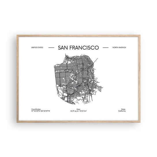 Obraz - Plakat - Anatomia San Francisco - 100x70cm - Mapa San Francisco Stany Zjednoczone - Foto Plakaty w ramie koloru jasny dąb do Salonu Sypialni ARTTOR ARTTOR