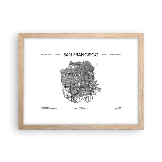 Obraz - Plakat - Anatomia San Francisco - 40x30cm - Mapa San Francisco Stany Zjednoczone - Foto Plakaty na ścianę w ramie jasny dąb - Plakat do Salonu Sypialni ARTTOR ARTTOR