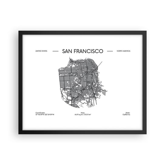 Obraz - Plakat - Anatomia San Francisco - 50x40cm - Mapa San Francisco Stany Zjednoczone - Foto Plakaty w ramie koloru czarnego do Salonu Sypialni ARTTOR ARTTOR