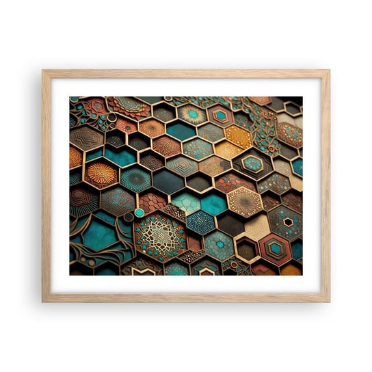 Obraz - Plakat - Arabskie ornamenty – wariacja - 50x40cm - Sześcian Mozaika Wzór - Foto Plakaty w ramie koloru jasny dąb do Salonu Sypialni ARTTOR ARTTOR