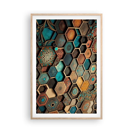 Obraz - Plakat - Arabskie ornamenty – wariacja - 61x91cm - Sześcian Mozaika Wzór - Foto Plakaty na ścianę w ramie jasny dąb - Plakat do Salonu Sypialni ARTTOR ARTTOR