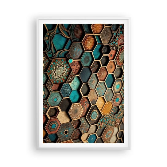 Obraz - Plakat - Arabskie ornamenty – wariacja - 70x100cm - Sześcian Mozaika Wzór - Foto Plakaty w ramie koloru białego do Salonu Sypialni ARTTOR ARTTOR