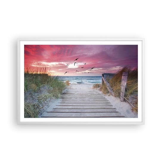 Obraz - Plakat - Bałtycka impresja - 91x61cm - Krajobraz Morski Plaża Ptaki - Foto Plakaty na ścianę w ramie białej - Plakat do Salonu Sypialni ARTTOR ARTTOR