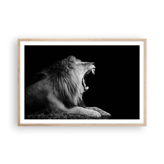 Obraz - Plakat - Bez żadnych wątpliwości - 91x61cm - Lew Zwierzęta Czarno-Biały - Foto Plakaty na ścianę w ramie jasny dąb - Plakat do Salonu Sypialni ARTTOR ARTTOR