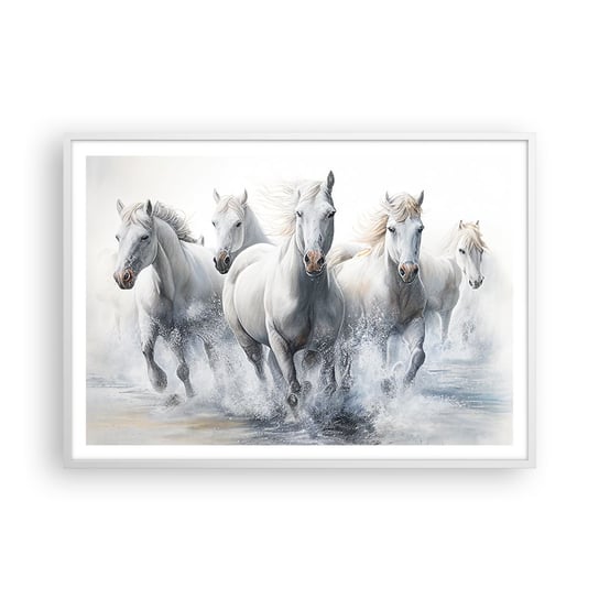 Obraz - Plakat - Biała magia - 100x70cm - Konie Zwierzęta Akwarela - Foto Plakaty w ramie koloru białego do Salonu Sypialni ARTTOR ARTTOR