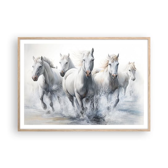 Obraz - Plakat - Biała magia - 100x70cm - Konie Zwierzęta Akwarela - Foto Plakaty w ramie koloru jasny dąb do Salonu Sypialni ARTTOR ARTTOR
