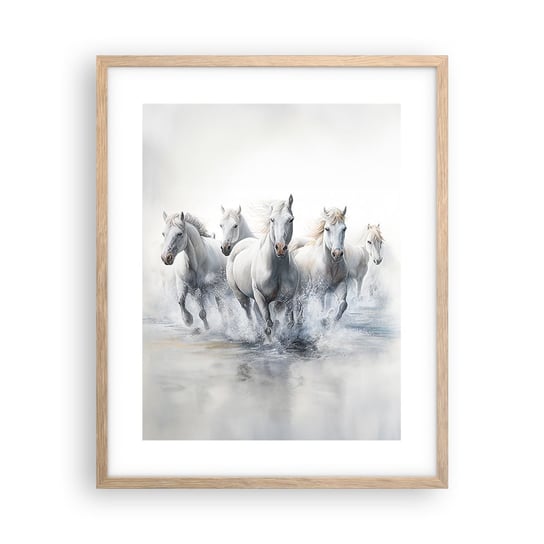 Obraz - Plakat - Biała magia - 40x50cm - Konie Zwierzęta Akwarela - Foto Plakaty w ramie koloru jasny dąb do Salonu Sypialni ARTTOR ARTTOR