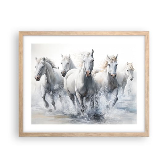Obraz - Plakat - Biała magia - 50x40cm - Konie Zwierzęta Akwarela - Foto Plakaty w ramie koloru jasny dąb do Salonu Sypialni ARTTOR ARTTOR