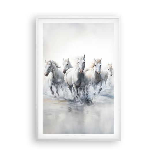 Obraz - Plakat - Biała magia - 61x91cm - Konie Zwierzęta Akwarela - Foto Plakaty na ścianę w ramie białej - Plakat do Salonu Sypialni ARTTOR ARTTOR