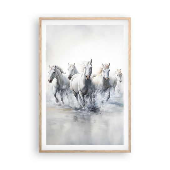 Obraz - Plakat - Biała magia - 61x91cm - Konie Zwierzęta Akwarela - Foto Plakaty na ścianę w ramie jasny dąb - Plakat do Salonu Sypialni ARTTOR ARTTOR