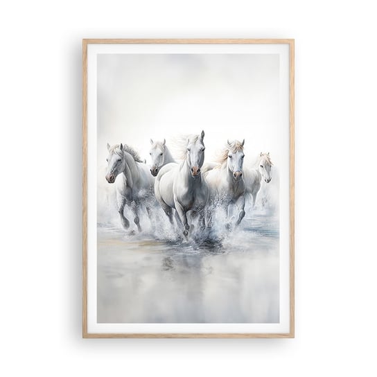 Obraz - Plakat - Biała magia - 70x100cm - Konie Zwierzęta Akwarela - Foto Plakaty w ramie koloru jasny dąb do Salonu Sypialni ARTTOR ARTTOR