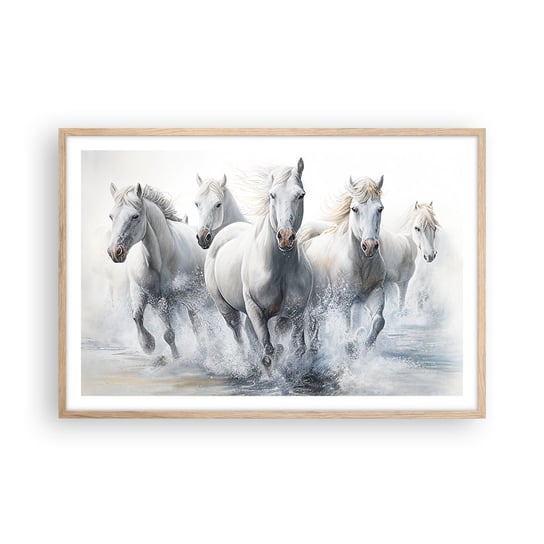 Obraz - Plakat - Biała magia - 91x61cm - Konie Zwierzęta Akwarela - Foto Plakaty na ścianę w ramie jasny dąb - Plakat do Salonu Sypialni ARTTOR ARTTOR