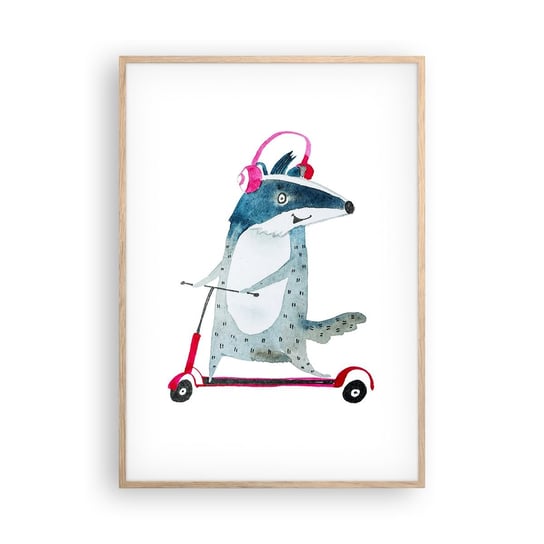Obraz - Plakat - Borsucze radości - 70x100cm - Dziecięcy Hulajnoga Zwierzę - Foto Plakaty w ramie koloru jasny dąb do Salonu Sypialni ARTTOR ARTTOR