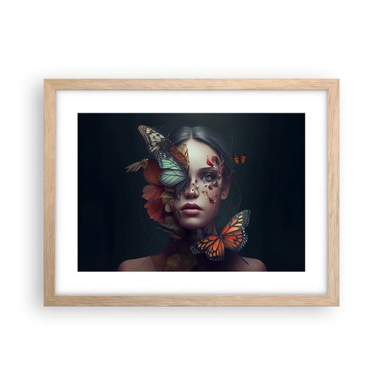 Obraz - Plakat - Cudowna metamorfoza - 40x30cm - Motyle Twarz Kobieta - Foto Plakaty na ścianę w ramie jasny dąb - Plakat do Salonu Sypialni ARTTOR ARTTOR