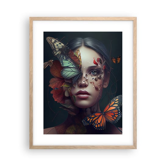 Obraz - Plakat - Cudowna metamorfoza - 40x50cm - Motyle Twarz Kobieta - Foto Plakaty w ramie koloru jasny dąb do Salonu Sypialni ARTTOR ARTTOR