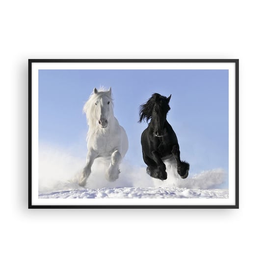 Obraz - Plakat - Czarno-biały galop - 100x70cm - Zwierzęta Koń Zima - Foto Plakaty w ramie koloru czarnego do Salonu Sypialni ARTTOR ARTTOR