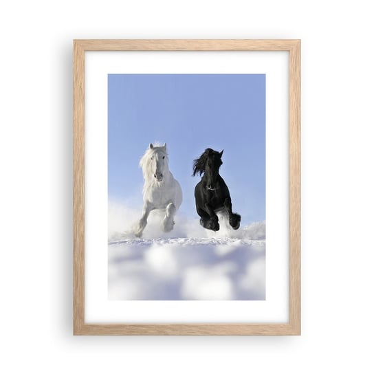 Obraz - Plakat - Czarno-biały galop - 30x40cm - Zwierzęta Koń Zima - Foto Plakaty na ścianę w ramie jasny dąb - Plakat do Salonu Sypialni ARTTOR ARTTOR