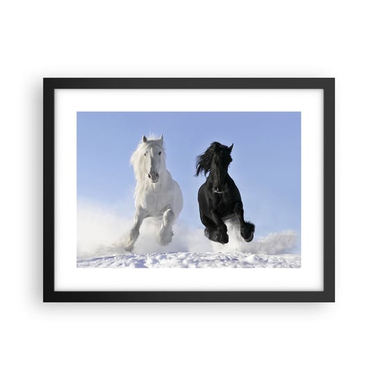 Obraz - Plakat - Czarno-biały galop - 40x30cm - Zwierzęta Koń Zima - Foto Plakaty na ścianę w czarnej ramie - Plakat do Salonu Sypialni ARTTOR ARTTOR