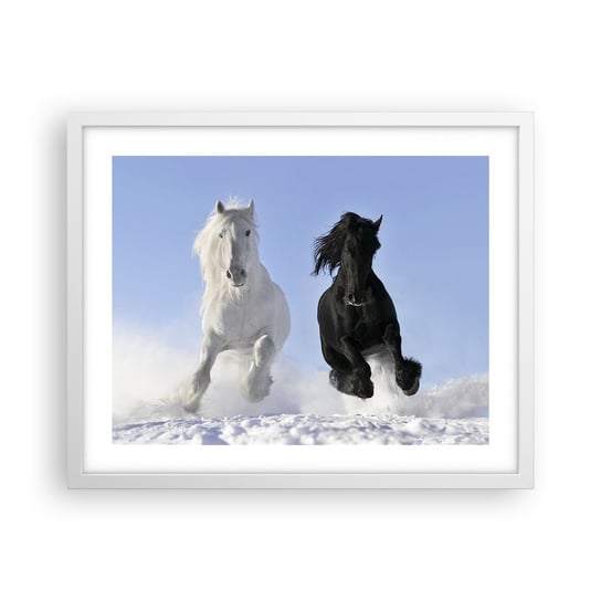 Obraz - Plakat - Czarno-biały galop - 50x40cm - Zwierzęta Koń Zima - Foto Plakaty w ramie koloru białego do Salonu Sypialni ARTTOR ARTTOR