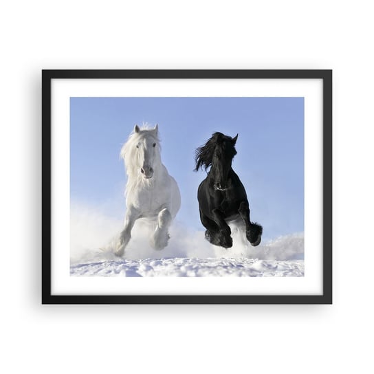 Obraz - Plakat - Czarno-biały galop - 50x40cm - Zwierzęta Koń Zima - Foto Plakaty w ramie koloru czarnego do Salonu Sypialni ARTTOR ARTTOR