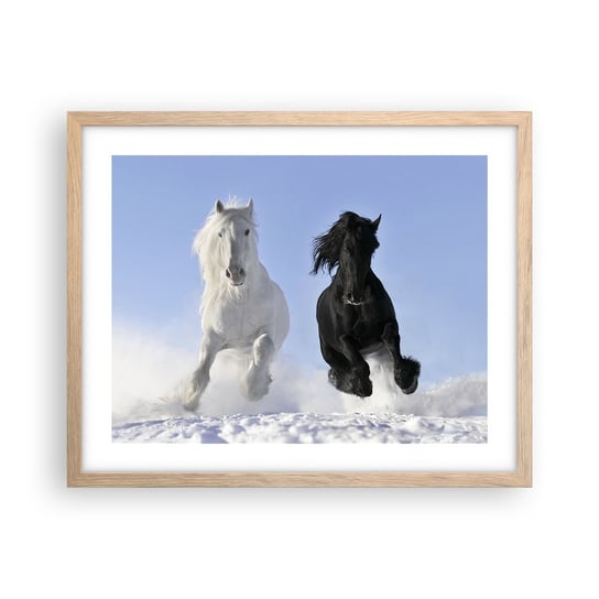 Obraz - Plakat - Czarno-biały galop - 50x40cm - Zwierzęta Koń Zima - Foto Plakaty w ramie koloru jasny dąb do Salonu Sypialni ARTTOR ARTTOR