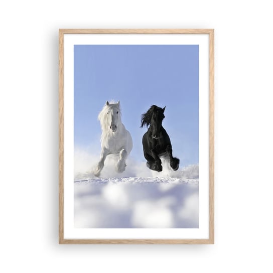 Obraz - Plakat - Czarno-biały galop - 50x70cm - Zwierzęta Koń Zima - Nowoczesny modny obraz Plakat rama jasny dąb ARTTOR ARTTOR