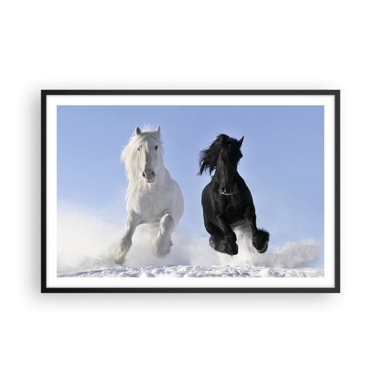 Obraz - Plakat - Czarno-biały galop - 91x61cm - Zwierzęta Koń Zima - Foto Plakaty na ścianę w czarnej ramie - Plakat do Salonu Sypialni ARTTOR ARTTOR