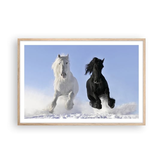 Obraz - Plakat - Czarno-biały galop - 91x61cm - Zwierzęta Koń Zima - Foto Plakaty na ścianę w ramie jasny dąb - Plakat do Salonu Sypialni ARTTOR ARTTOR