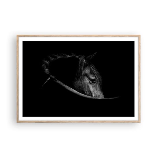 Obraz - Plakat - Czarny książę - 100x70cm - Koń Zwierzę Artystyczny - Foto Plakaty w ramie koloru jasny dąb do Salonu Sypialni ARTTOR ARTTOR