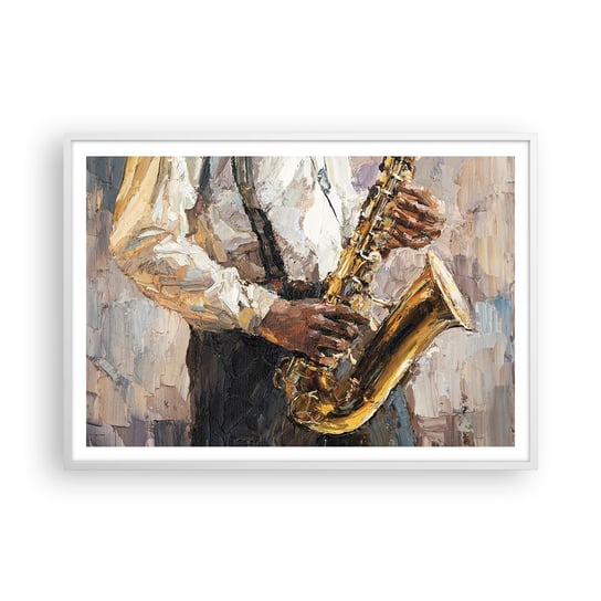 Obraz - Plakat - Czas na solo - 100x70cm - Saksofon Muzyka Malarstwo - Foto Plakaty w ramie koloru białego do Salonu Sypialni ARTTOR ARTTOR