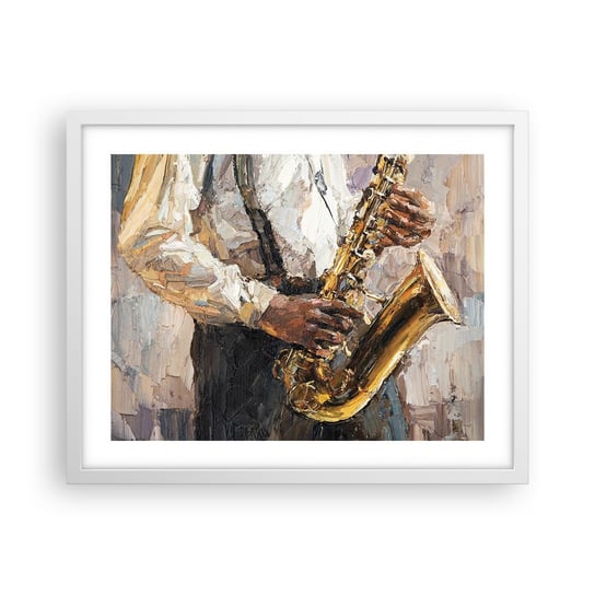 Obraz - Plakat - Czas na solo - 50x40cm - Saksofon Muzyka Malarstwo - Foto Plakaty w ramie koloru białego do Salonu Sypialni ARTTOR ARTTOR