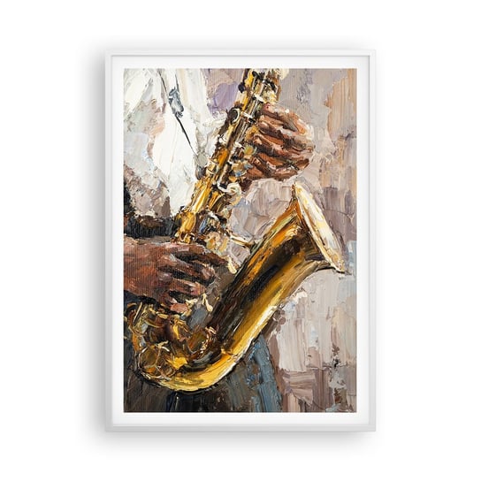 Obraz - Plakat - Czas na solo - 70x100cm - Saksofon Muzyka Malarstwo - Foto Plakaty w ramie koloru białego do Salonu Sypialni ARTTOR ARTTOR