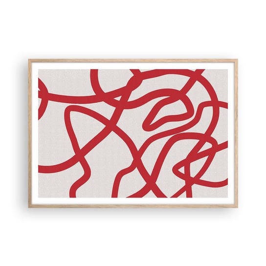 Obraz - Plakat - Czerwono na białym - 100x70cm - Minimalizm Sztuka Linie - Foto Plakaty w ramie koloru jasny dąb do Salonu Sypialni ARTTOR ARTTOR