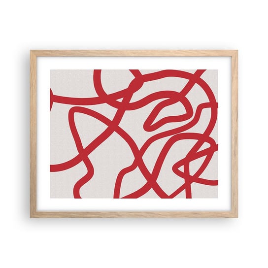 Obraz - Plakat - Czerwono na białym - 50x40cm - Minimalizm Sztuka Linie - Foto Plakaty w ramie koloru jasny dąb do Salonu Sypialni ARTTOR ARTTOR