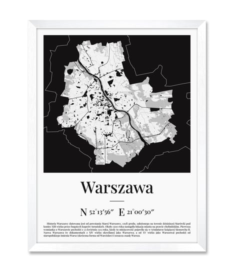 Obraz plakat dekoracja na ścianę do salonu mapa plan miasta Warszawy Warszawa biała rama 32x42 cm iWALL studio