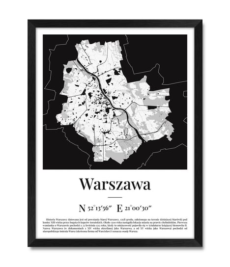 Obraz plakat dekoracja na ścianę do salonu mapa plan miasta Warszawy Warszawa czarna rama 32x42 cm iWALL studio