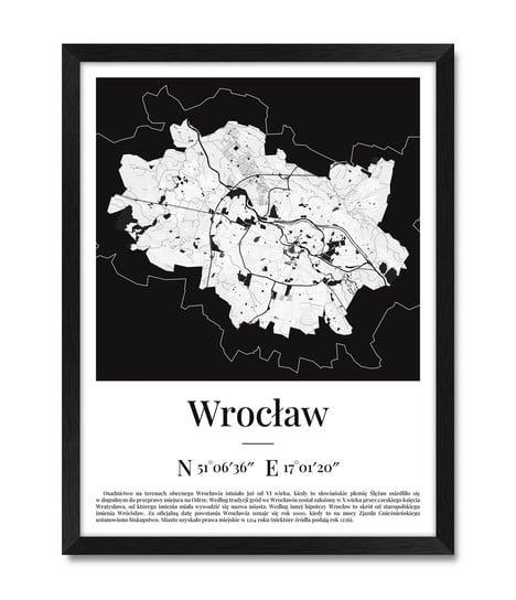 Obraz plakat dekoracyjny na ścianę do salonu mapa plan miasta Wrocław Wrocławia czarna rama 32x42 cm iWALL studio