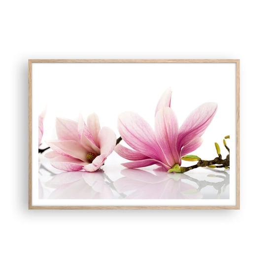 Obraz - Plakat - Delikatne jak powiew wiosny - 100x70cm - Kwiat Magnolia Natura - Foto Plakaty w ramie koloru jasny dąb do Salonu Sypialni ARTTOR ARTTOR