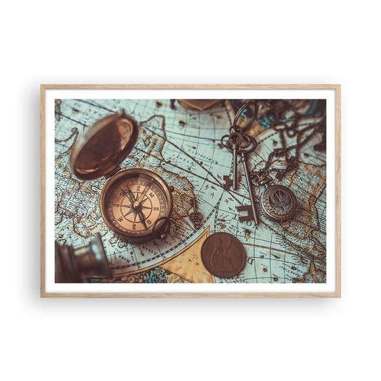 Obraz - Plakat - Dla poszukiwacza przygód - 100x70cm - Kompas Luneta Mapa - Foto Plakaty w ramie koloru jasny dąb do Salonu Sypialni ARTTOR ARTTOR