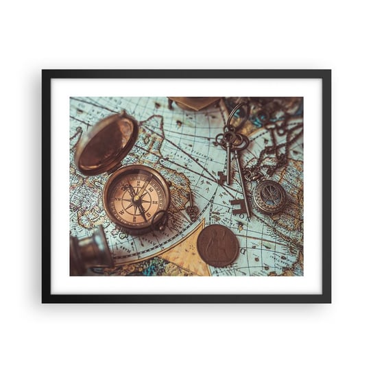 Obraz - Plakat - Dla poszukiwacza przygód - 50x40cm - Kompas Luneta Mapa - Foto Plakaty w ramie koloru czarnego do Salonu Sypialni ARTTOR ARTTOR