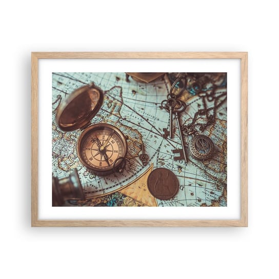 Obraz - Plakat - Dla poszukiwacza przygód - 50x40cm - Kompas Luneta Mapa - Foto Plakaty w ramie koloru jasny dąb do Salonu Sypialni ARTTOR ARTTOR