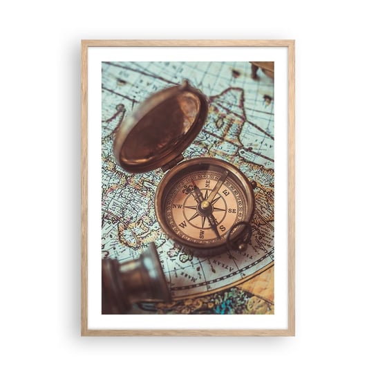Obraz - Plakat - Dla poszukiwacza przygód - 50x70cm - Kompas Luneta Mapa - Nowoczesny modny obraz Plakat rama jasny dąb ARTTOR ARTTOR