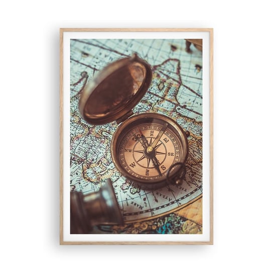 Obraz - Plakat - Dla poszukiwacza przygód - 70x100cm - Kompas Luneta Mapa - Foto Plakaty w ramie koloru jasny dąb do Salonu Sypialni ARTTOR ARTTOR