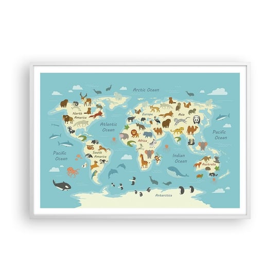Obraz - Plakat - Dobrzy sąsiedzi - 100x70cm - Mapa Świata Mapa Ze Zwierzętami Zwierzęta - Foto Plakaty w ramie koloru białego do Salonu Sypialni ARTTOR ARTTOR