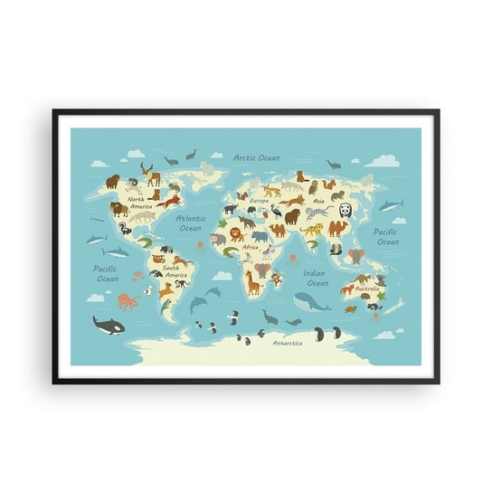 Obraz - Plakat - Dobrzy sąsiedzi - 100x70cm - Mapa Świata Mapa Ze Zwierzętami Zwierzęta - Foto Plakaty w ramie koloru czarnego do Salonu Sypialni ARTTOR ARTTOR
