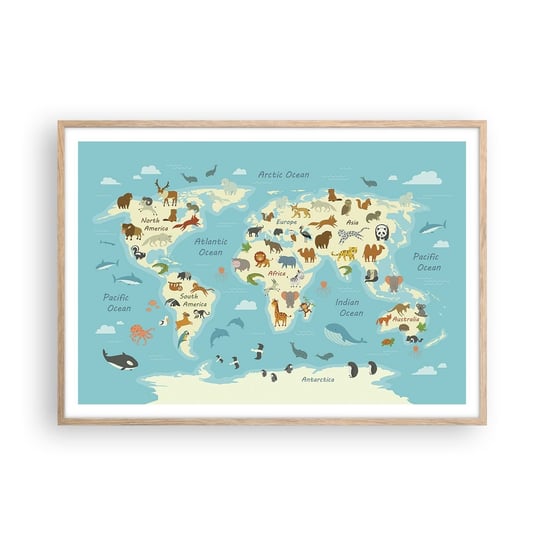 Obraz - Plakat - Dobrzy sąsiedzi - 100x70cm - Mapa Świata Mapa Ze Zwierzętami Zwierzęta - Foto Plakaty w ramie koloru jasny dąb do Salonu Sypialni ARTTOR ARTTOR
